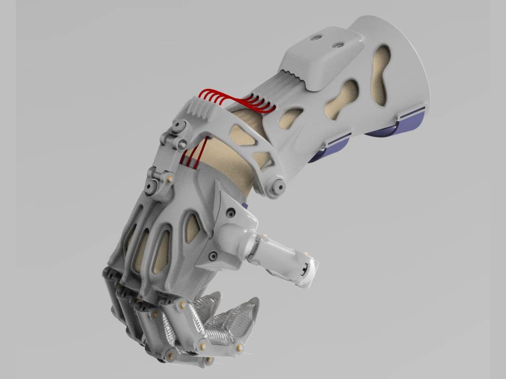 Model 3D al protezei de mână care arată mecanismul de prindere acționat din încheietură