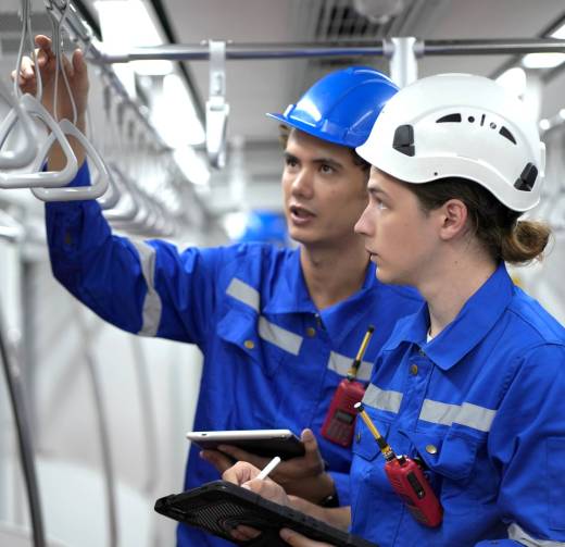 Electric train technician engineer checking controls system for security functions in maintenance infrastructure plant of sky train, public transportation vehicle,Teamwork management concept.